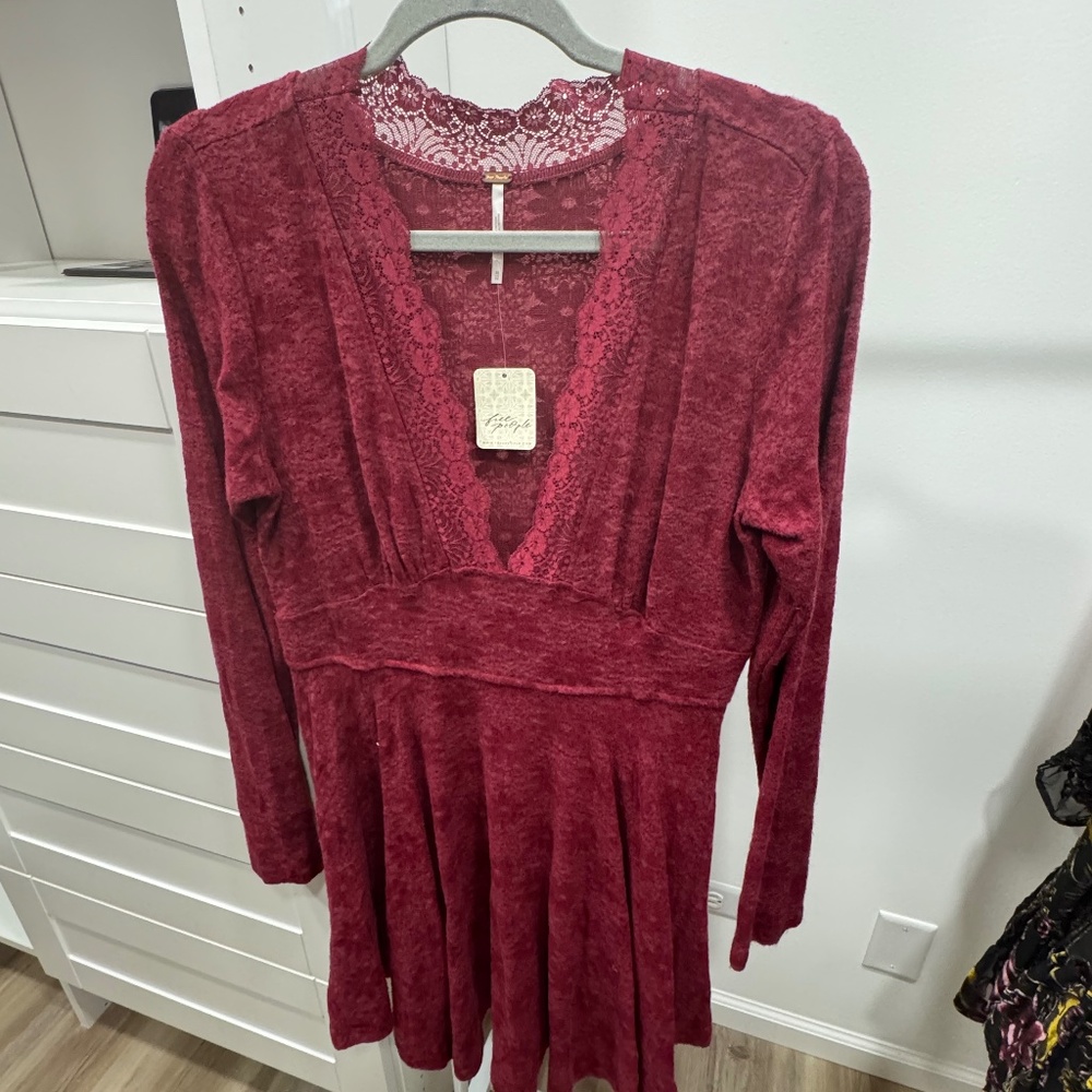 Free People Lace Long Sleeve Fit & Flare Dress – Plum / Burgundy